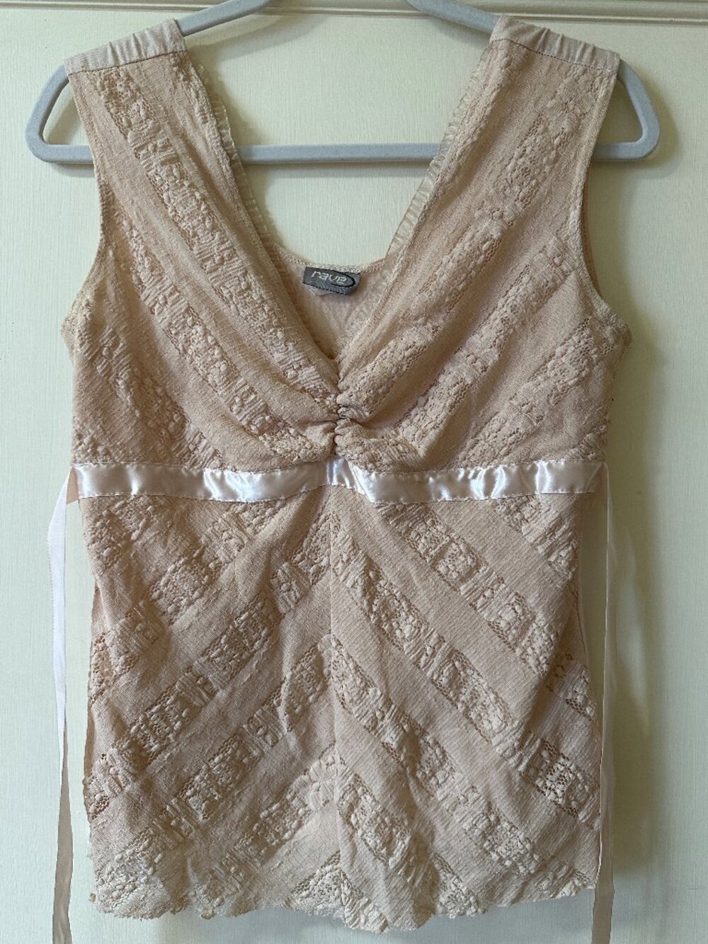 Rave Womens XL Lace Sleeveless Top Pink Ribbon Tie Back Ruffle V Neck Blouse